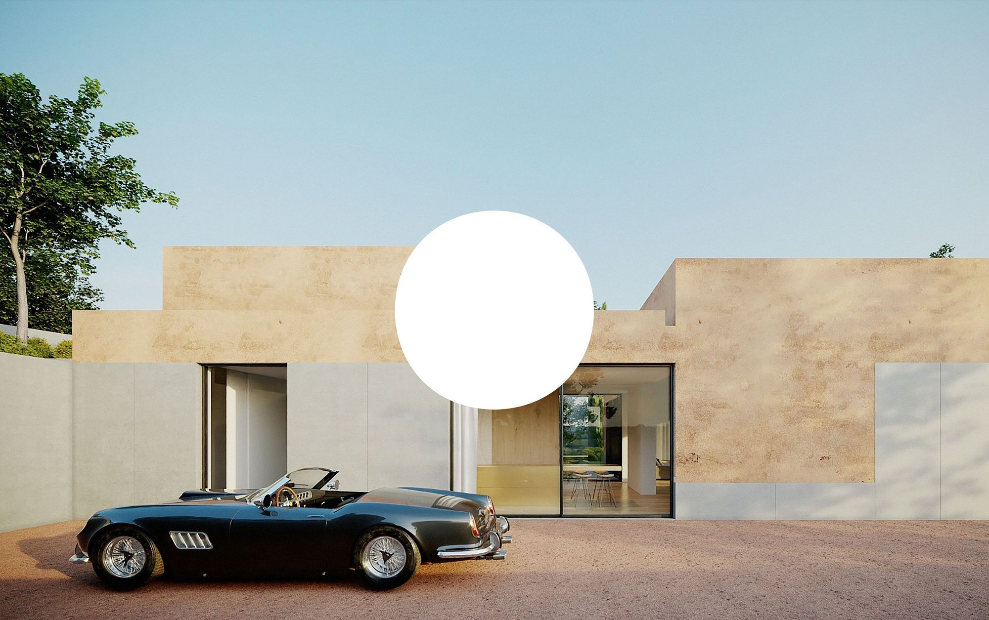 Studere 3D contemporary house render with a classic car parked outside